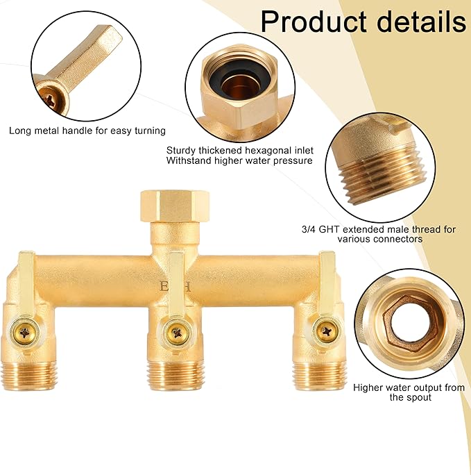 EBH Brass Garden Hose Splitter 3 Way High Flow Outdoor Faucet SplitterFull Flow 3-Way Brass Heavy Duty Hose Splitter With 3 Long Metal Handle and Individual On/Off Valve。