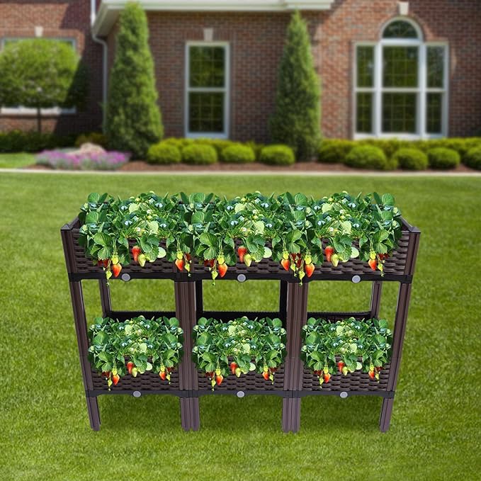 YIYIBYUS Square Raised Garden Bed2-Tier Raised Garden Bed Planter Elevated Box Vegetable Flower Herbs Yard Plant (PP)