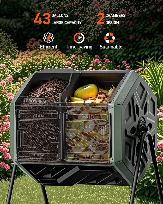 THEGROW'ING Updated 43 Gallon Compost Bin Outdoor Fast Assemble Tumbling Composter Dual Chamber Composter Tumbler Rotating Compost Bin for Outside Backyard Garden and Yard Green