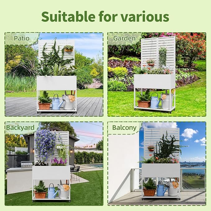 Metal Planter Box with Trellis67 H x35 W Raised Garden Beds with Privacy Screen for Climbing Plants Flower Elevated Standing Planter Garden Bed with Drainage Holes for Outdoor PatioWhite