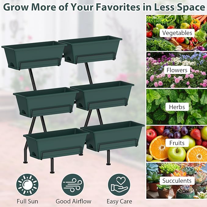 Sunexinlo 3-Tier Vertical Garden Planter with 6 Boxes 31 Tall Raised Garden Bed with Adjustable Feet for Herbs Flowers Vegetables Ideal for Indoor Outdoor Patio Balcony Deck Use Green