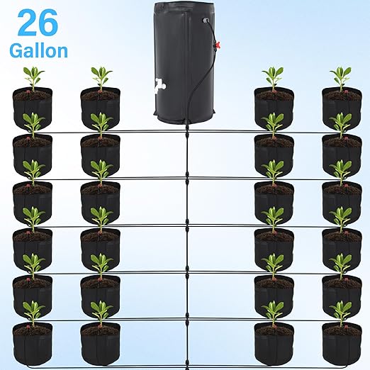 Auto Drip Irrigation System Kits with 26 Gallon Bucket 25W Water Pump 24 Drip Emitters 24 Planting Bags for Indoor and Outdoor Automatic Watering System for Grow Tent Greenhouse Lawn