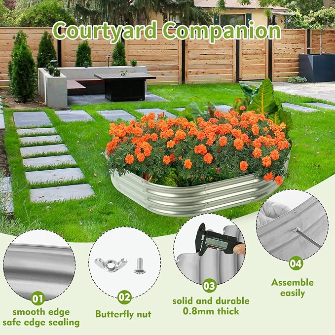 Oval Galvanized Planter Box Metal Raised Garden Bed - 0.8MM Thick- Ideal for Outdoor Gardening and Planting of Vegetables Flowers Fruits Succulent Plants and Others (Silver 5X2.7X1 FT)
