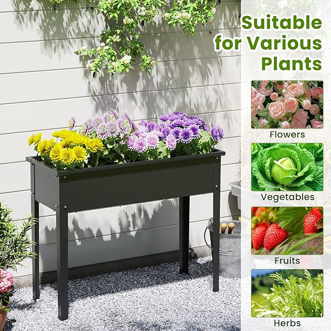 HAPPYGRILL Raised Garden Bed Metal Elevated Planter Box w/Legs Drainage Holes for Growing Vegetables Fruits Flowers Indoor Outdoor Standing Plant Container for Backyard Patio (Black 40”x16”x32”)