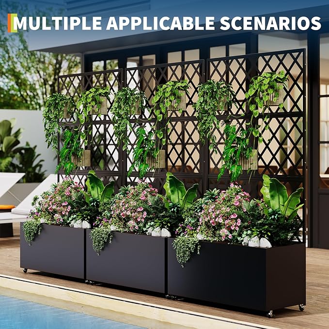 CABIHOME Steel Raised Garden Bed with Trellis &amp Privacy Screen - Planter Box w/Lockable Casters Drainage Holes for Vines Vegetables on Patio Deck Yard Black