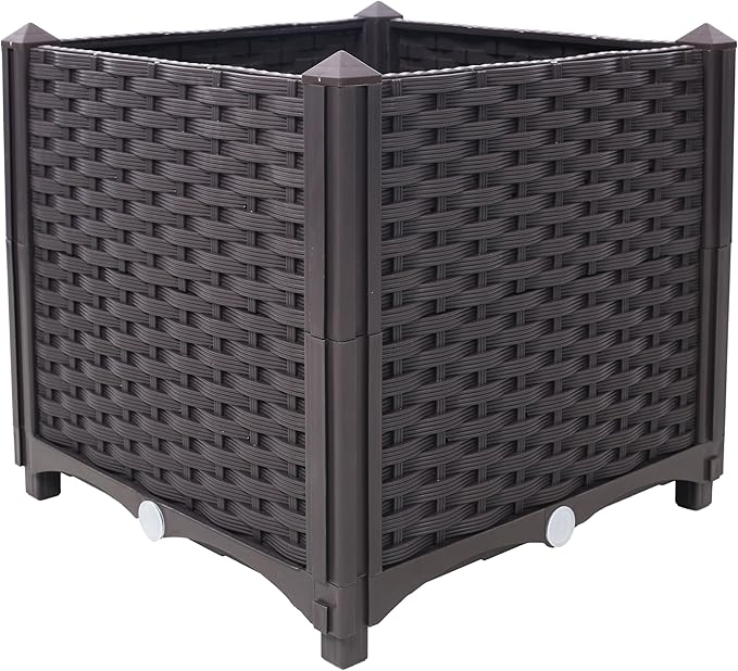 Deep Raised Garden Bed Plastic Planter Boxes Self-Watering Planter Box Raised Bed to Grow Vegetables Flowers Herbs and Succulents 15.7 L X 15.7 D X 14.7 H (Brown Style 1-1)