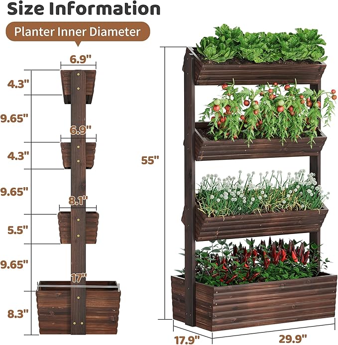 FILWH Wooden Raised Garden Bed Vertical Planter Box Freestanding Plant Stand for Indoor Outdoor Plants Herbs Flowers Vegetables Gardening (Carbonized 4-Tier29.9 x 17.9 x 55in)