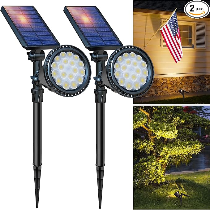 DBF Solar Lights Outdoor 600LM Solar Spotlights Outdoor Waterproof 2 Brightness Mode Adjustable 18 LED Flag Pole Light for Garden Yard Patio Landscape Driveway Garage Pool(Warm White 2 Pack)