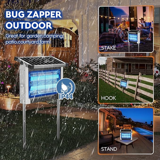 Solar Bug Zapper Outdoor PhatroyYee Mosquito Zapper 4500V Waterproof Portable Fly Zapper Rechargeable Electric Mosquito Killer Cordless Fly Insect Mosquitos Trap for Patio Yard Home Camping(White)