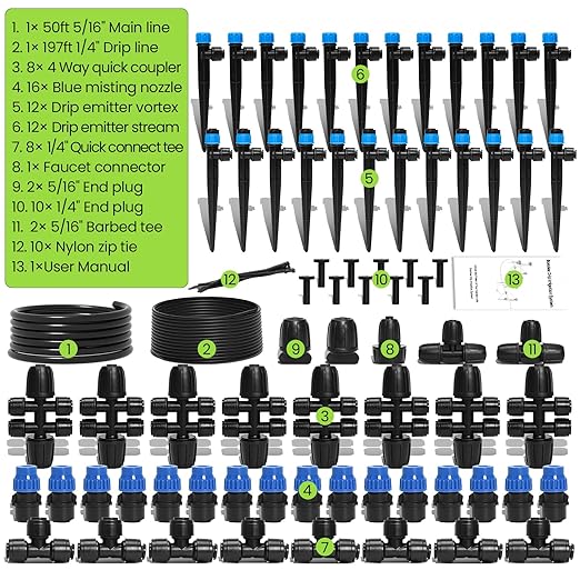 Bonviee 247FT Drip Irrigation System Automatic Garden Watering System Kit with 50FT 5/16” &amp 1/4” Drip Tubing Quick-to-Connect Fittings Adjustable Drip Emitters for Raised Beds Greenhouse Lawn