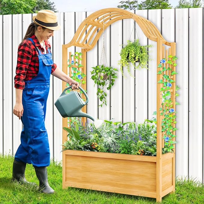 SUNYRISY Raised Garden Bed with Arch Trellis Wooden Outdoor Vertical Planter Box for Climbing Plant Vine Flowers Vegetables Planter Raised Bed with Hanging Roof and Drainage Holes