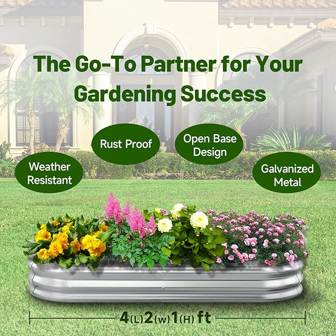 GOOZOO Galvanized Planter Raised Garden Bed 4x2x1 ft Raised Garden Bed Kit for Gardening Outdoor Oval Metal Land Planter Box for Vegetables Flowers Herbs Fruits Easy Assembly（Silver）