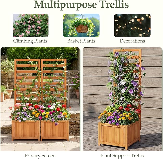 BECOMFORT 48”H Raised Garden Bed with Trellis Fir Wood Planter Box with Drainage Holes &amp Gaps for Climbing Plants Vegetables &amp Flowers Outdoor Privacy Planters for Patio Balcony Yard