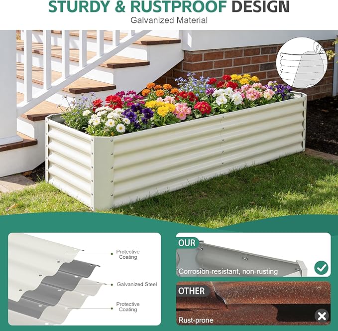 Galvanized Raised Garden Bed - 6x2x1.4ft Metal Garden Planter Box Outdoor | Steel Raised Bed Kit with Bracing Rods Gloves for Gardening Vegetables Fruits and Flowers (White)