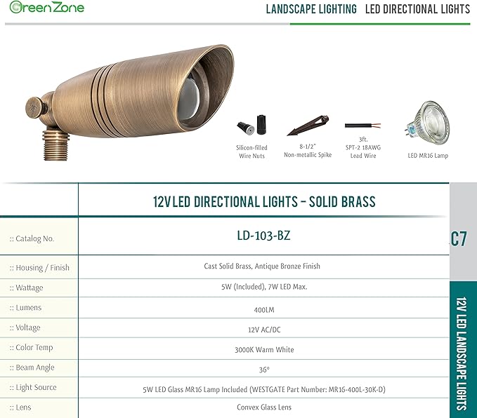 Westgate LED Low Voltage Landscape Lights - Directional Landscape Spotlight - Antique Bronze Finish 5W LED Bulb - All Accessories Included - Pack of 1