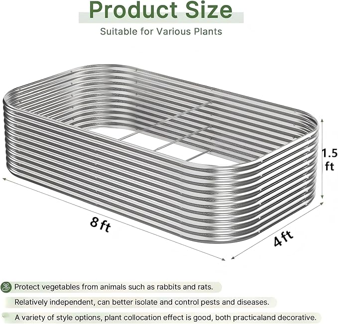 2 PCS Tall 8x4x1.5ft Galvanized Raised Garden Bed Outdoor Metal Garden Bed for Vegetables Above Ground Garden Box for Flower Steel Raised Beds for Gardening