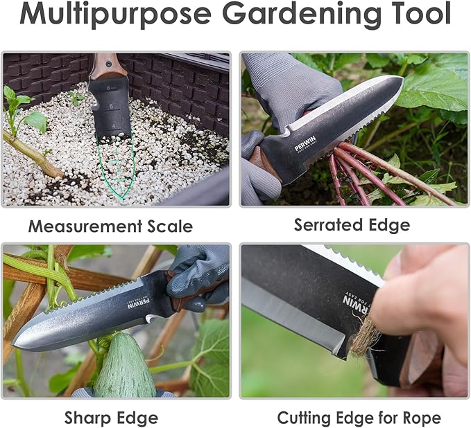 Hori Hori Garden Knife Garden Tools with Sheath for Weeding Planting Digging 7 Stainless Steel Blade with Cutting Edge Full-Tang Wood Handle with Hanging Hole