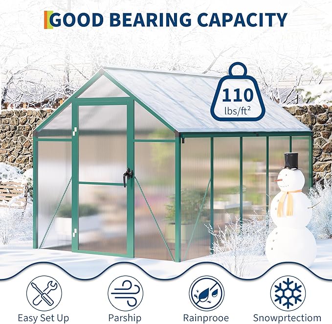 6x10 FT Greenhouse Greenhouses for Outside Polycarbonate Greenhouse with Aluminum Frame Lockable Door and Ajustable Roof Vent for Backyard Green Houses for Outside Garden Backyard Patio
