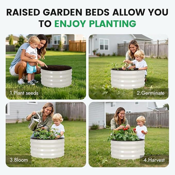 INNO STAG 3 Pcs Round Galvanized Raised Garden Bed — 2×2×1ft Planter Box Outdoor Raised Beds Kit for Gardening Vegetables Fruits Herbs and Flowers White