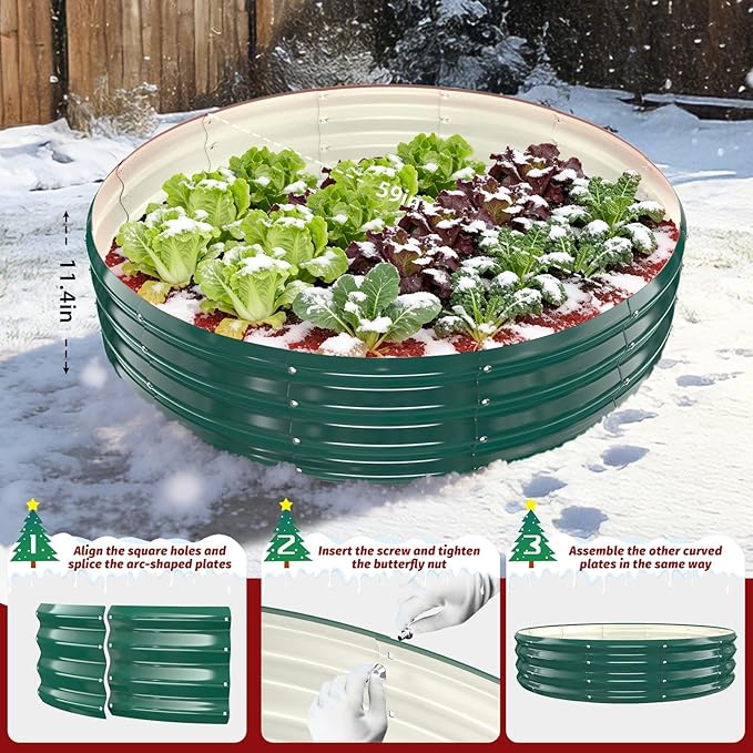 12 Inch Tall Heavy-Duty Round Steel Rised Garden Bed – Wave-Shaped Design Galvanized Metal Planter Box for Vegetables Flowers Succulent at Patio/Garden Outdoor (Green 60 Diameter)