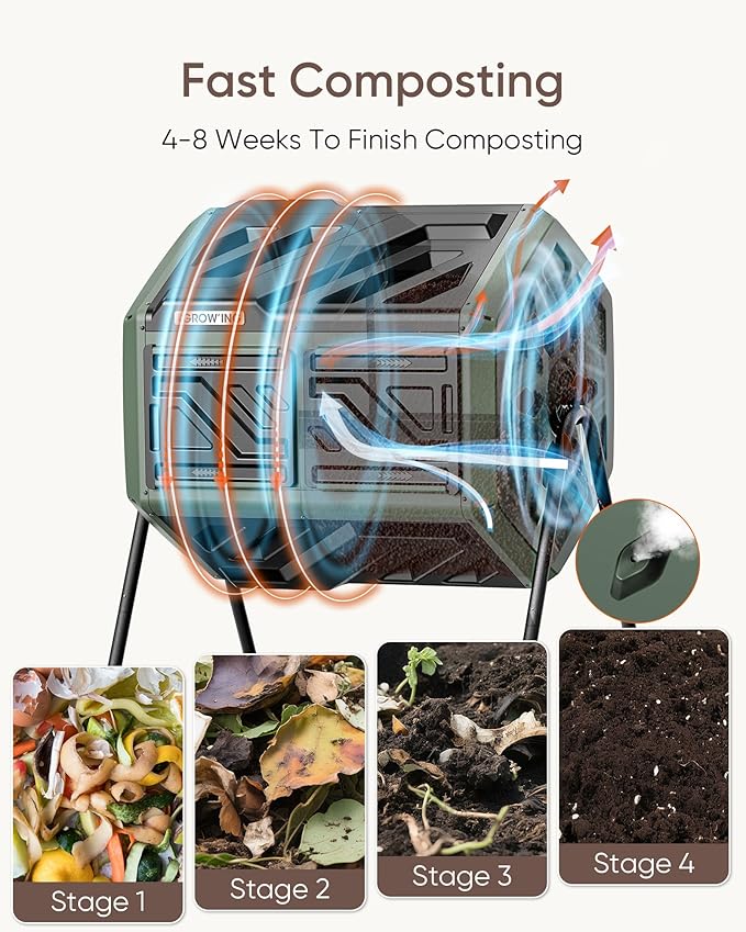 THEGROW'ING Updated 43 Gallon Compost Bin Outdoor Fast Assemble Tumbling Composter Dual Chamber Composter Tumbler Rotating Compost Bin for Outside Backyard Garden and Yard Green