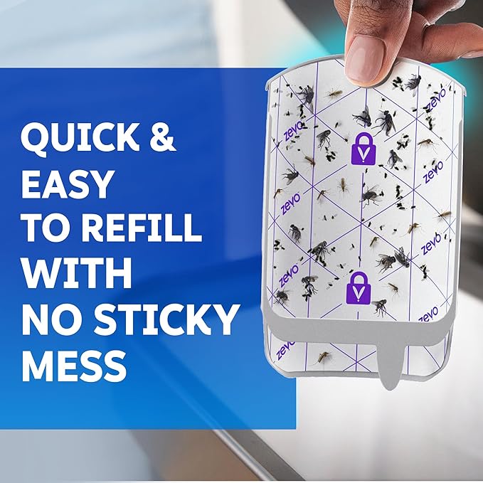 Zevo MAX Bug Catcher &amp Fly Trap for Indoors - Flying Insect Trap for Gnats House &amp Fruit Flies - Use in Any Room - No-Mess Disposal (1 Plug in Base &amp 2 Cartridges)