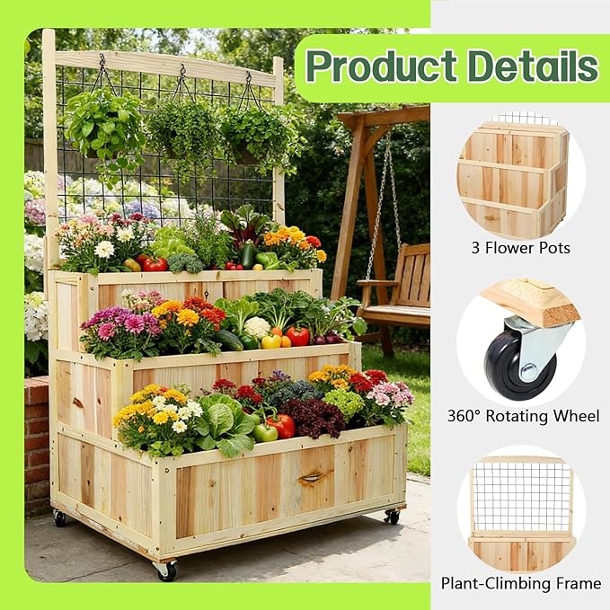 3-Tiers Raised Garden Bed with Trellis 53 H Vertical Planter Box with Wheels &amp Back Storage Area for Flowers Vegetables Herbs Natural (31 L x 24 W x 53 H)