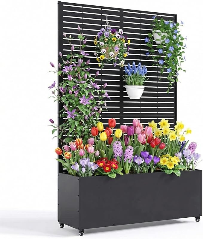 Galvanized Metal Planter Box with Trellis 47X16X71 Raised Garden Bed (with/Without Wheels) Privacy Screen for Climbing Plants Veggies &amp Vines Patio Planter with Drainage Holes 16 Deep
