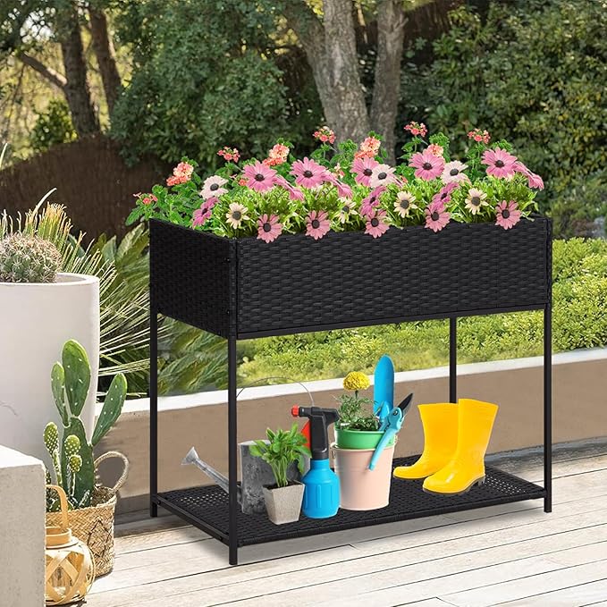 Kinsuite Rattan Raised Bed Planter - Elevated Wicker Planter Box with Tool Storage Shelf Garden Bed for Herbs Vegetables Flowers for Outdoor Indoor Black