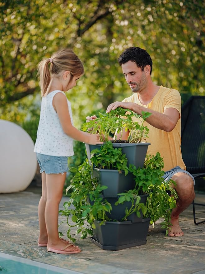 BUZZY Seeds Starter Stackable Vertical Planter – 4-Level Raised Garden Tower for Potatoes Strawberries Vegetables &amp Flowers (Gray)