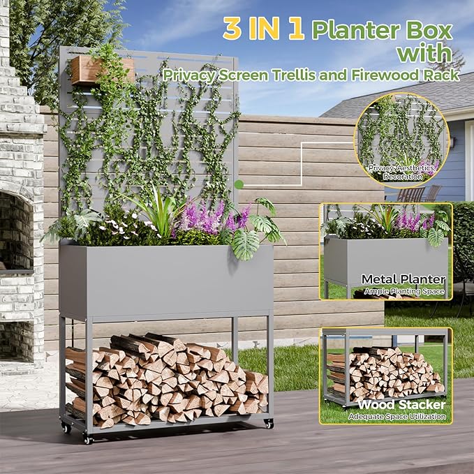 Raised Garden Bed with Trellis Metal Raised Planter Box with Trellis Privacy Planters for Patio Raised Garden Beds Outdoor Standing with Drainage Holes Wheels Grey