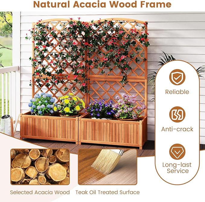 Raised Garden Bed with Trellis 30 x 14 x 10 Inch Large Planter Box Solid Acacia Wood Frame Slat Base 63” Tall Planter for Climbing Plants Flowers Outdoor Patio Balcony Backyard