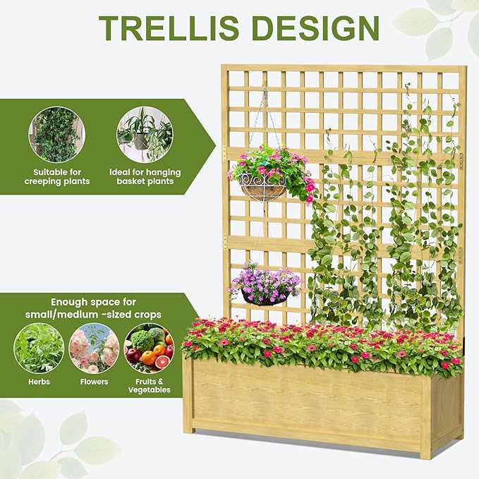 Raised Garden Bed with Trellis Freestanding Wood Planter Box w/Drainage Holes for Vine Climbing Plants Flowers Elevated Garden Box Outdoor Planter with Trellis for Patio Balcony