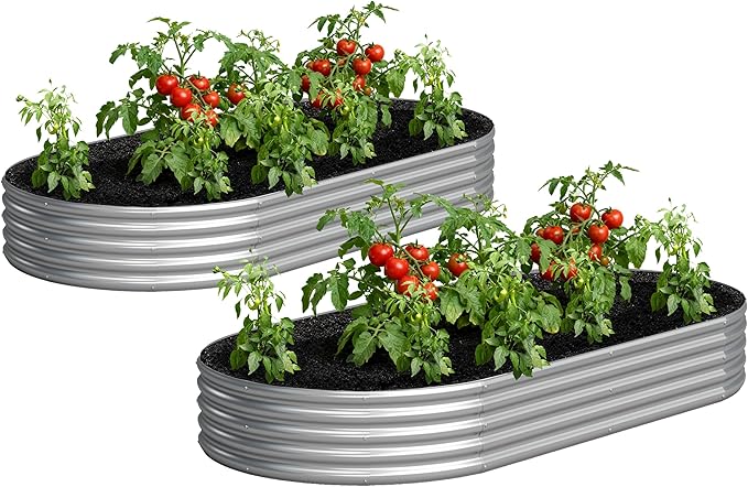 2PCS 8x4x1FT Galvanized Raised Garden Bed KitVegetable Boxes-Oval Metal Flower BoxLarge Planter Raised Beds Outdoor Garden for PlantingFruitHerb-Silver