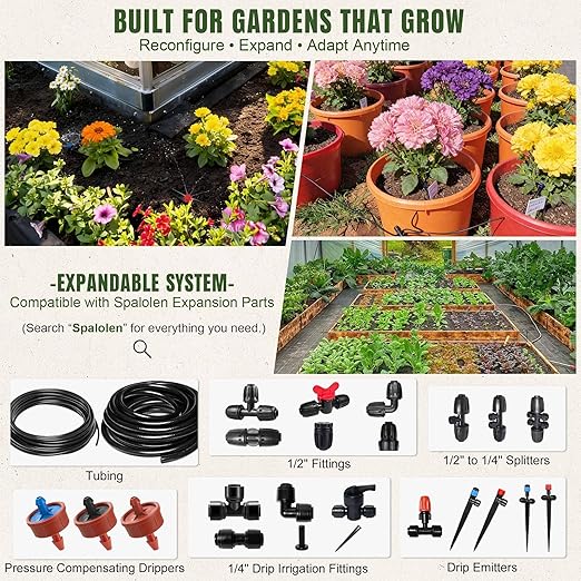 Drip Irrigation System Push-to-Connect Garden Watering System Kit for Raised Beds Expandable DIY Drip Irrigation Kit with 1/2 &amp 1/4 Tubing Adjustable Emitters Leak-Proof Connectors