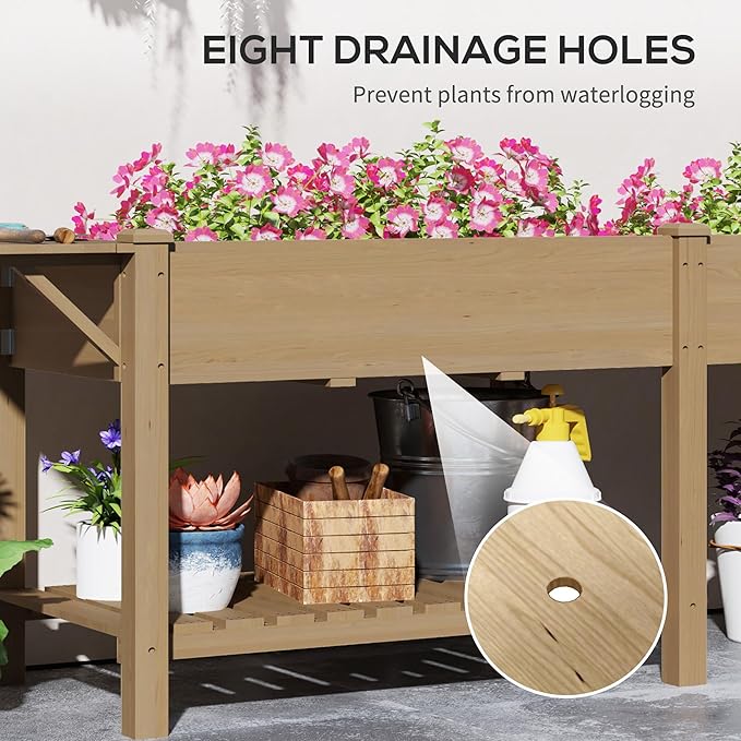 Outsunny Raised Garden Bed Wood Elevated Planter Box with Side Table Bottom Shelf Outdoor Raised Planter with Bed Liners Drainage Holes for Vegetable Flower 81.5 x 23 x 31 in Carbonized Brown