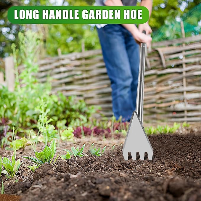 Dual Headed Hoe Garden Tool Adjustable Long Handle Weed Puller Stainless Steel Hoe Cultivator and Weed Rake Gardening Tool for Gardening Planting Weeding Digging Loosening Soil