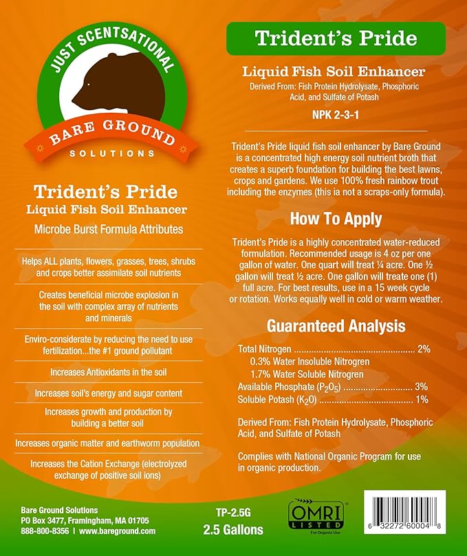 Just Scentsational Bare Ground Solutions TP-2.5G Trident's Pride Organic Liquid Fish Hydroponic Soil Fertilizer 320 oz (2.5 Gallon)