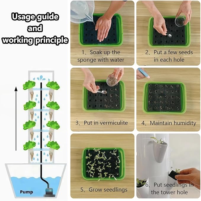 Hydroponic Tower Growing System Suitable for Indoor and Greenhouse Grow Herbs and Vegetables Houseplant Farming with Water Circulation and Automatic Timergreen-7-Layers