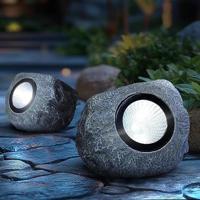 4 Pack Solar Garden Rock Lights Outdoor 20 LM Bright White Spotlights with Auto On/Off IP65 Waterproof 6000K Led Solar Powerd Landscape Stone Lights for Pathway Walkway Yard Patio