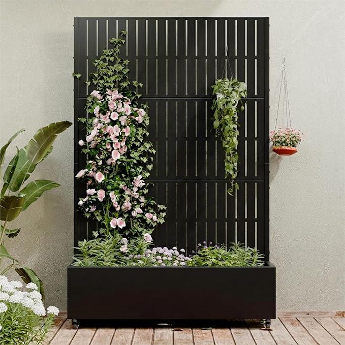 Casaphoria Metal Raised Garden Bed with Trellis and Wheels 72x47x16 Planter Box for Climbing Plants Vegetables &amp Vines Features Drainage Holes and Privacy Screen (Black)
