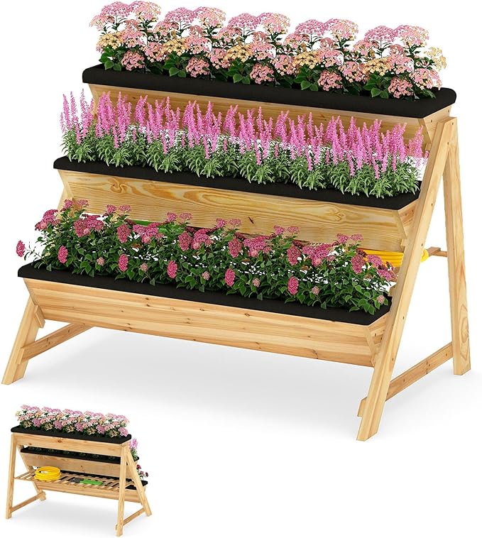 3-Tier Raised Garden Bed Vertical Garden Planter w/Storage Shelf Bed Liner &amp 2 Side Hooks Wood Elevated Planter Box Outdoor for Plants Vegetables Flowers HerbsNatural (46 x 29 x 31.5)