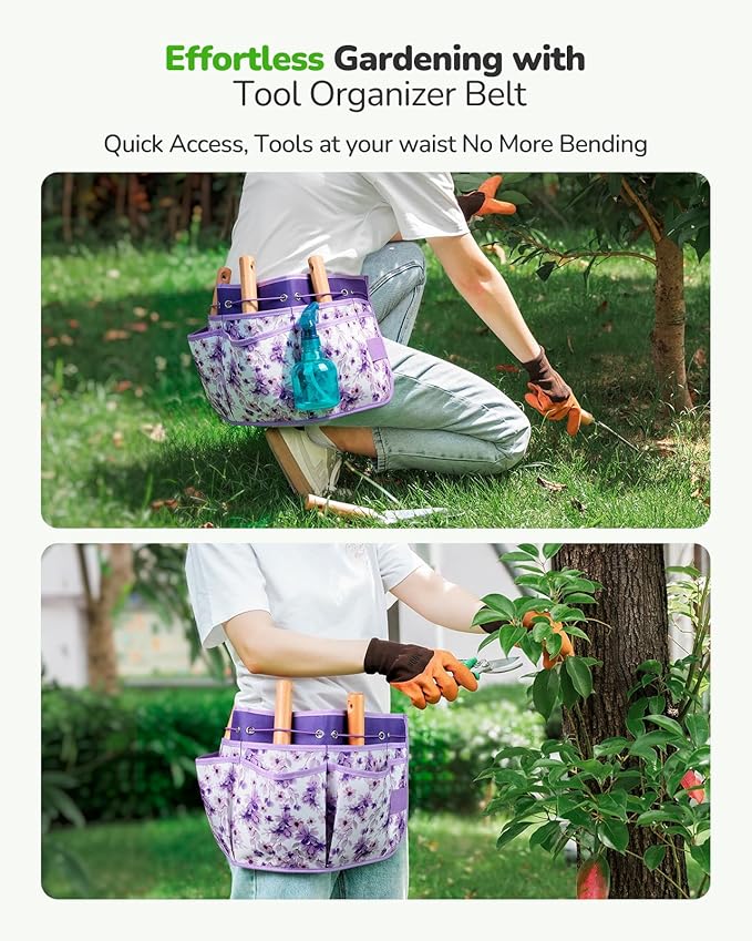All-in-One Garden Tool Set with Tools Organizer Belt Adjustable 10-Piece Gardening Hand Tools Long Lasting Rust-Proof Premium Garden Tool Kit Gardening Gift for Women Men (Purple)