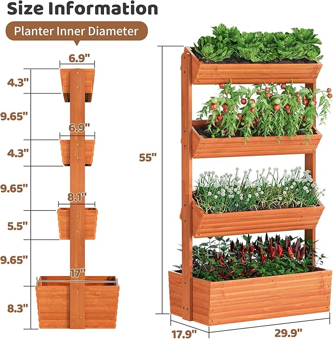 FILWH Wooden Raised Garden Bed Vertical Planter Box Freestanding Plant Stand for Indoor Outdoor Plants Herbs Flowers Vegetables Gardening (Reddish Brown 4-Tier29.9 x 17.9 x 55in)