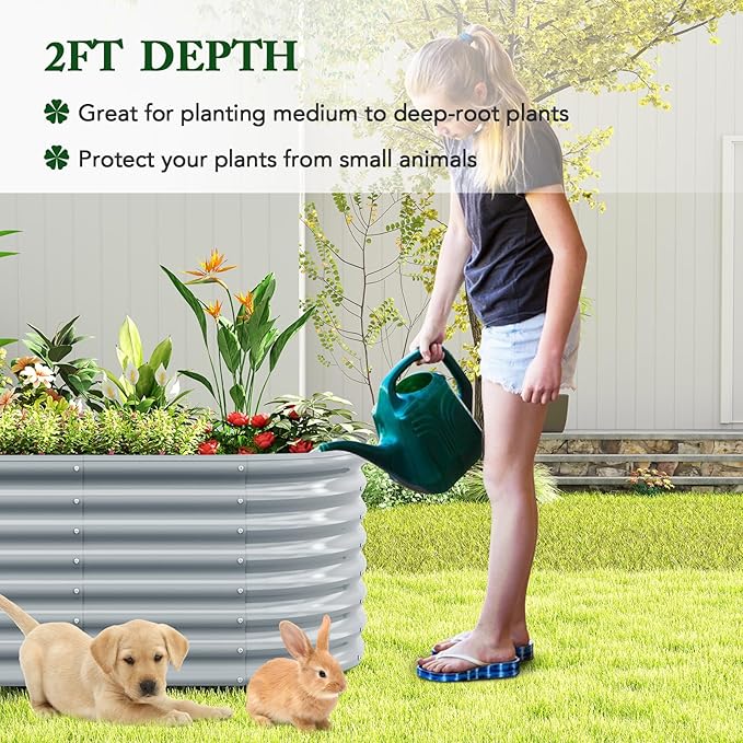 Giantex 5x3x2ft Raised Garden Bed Large Metal Elevated Oval Planter Bed 193 Gallon Capacity Outdoor Planting Garden Box for Vegetable Flower Herb Grow (Grey)