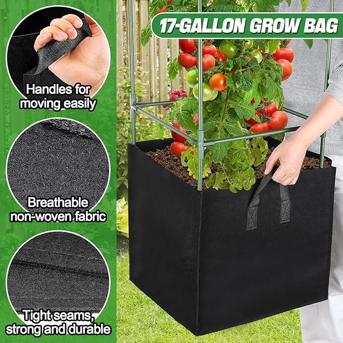 ANPHSIN Tomato Cages with 17 Gallon Grow Bags - 46'' Heavy-Duty Plant Support Cage Kit Garden Pots with Square Plant Trellis for Flowers Vegetables Cucumber Vertical Climbing Vines 2 Sets