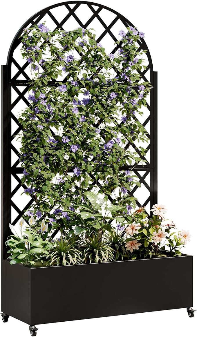Metal Planter Box with Trellis &amp Wheels Outdoor Privacy Planters for Patio Mobile Raised Garden Bed with Trellis for Climbing Plants Balcony &amp Backyard (Black 2)