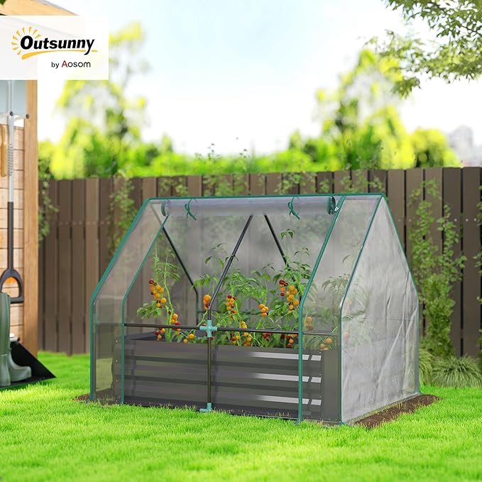 Outsunny 4 x 3 x 3ft Raised Garden Bed with Mini Greenhouse Galvanized Raised Garden Bed with Cover for Herbs and Vegetables Small Greenhouse for Patio Garden Balcony Clear and Dark Gray