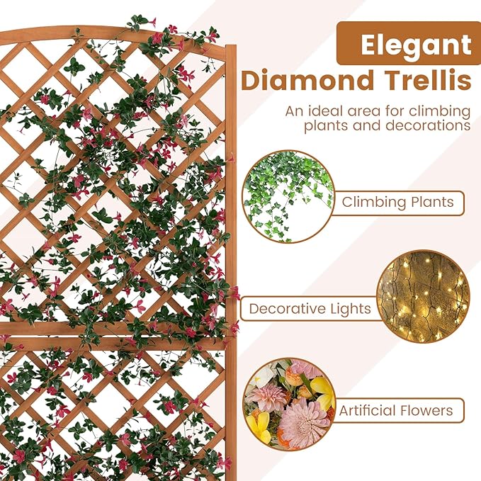 HAPPYGRILL Wooden Raised Garden Bed with Trellis 63 Tall Planter Box with Trellis &amp Slat Bottom Base Vine Climbing Plants Flowers Outdoor Freestanding Garden Box for Backyard Balcony (1)