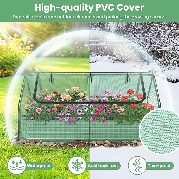 HAPPYGRILL Raised Garden Bed with Cover Outdoor Planter Raised Bed w/2 Large Zipper Mesh Screen Windows Galvanized Metal Planter Box for Gardening Flowers Vegetables (Green &amp Silver)